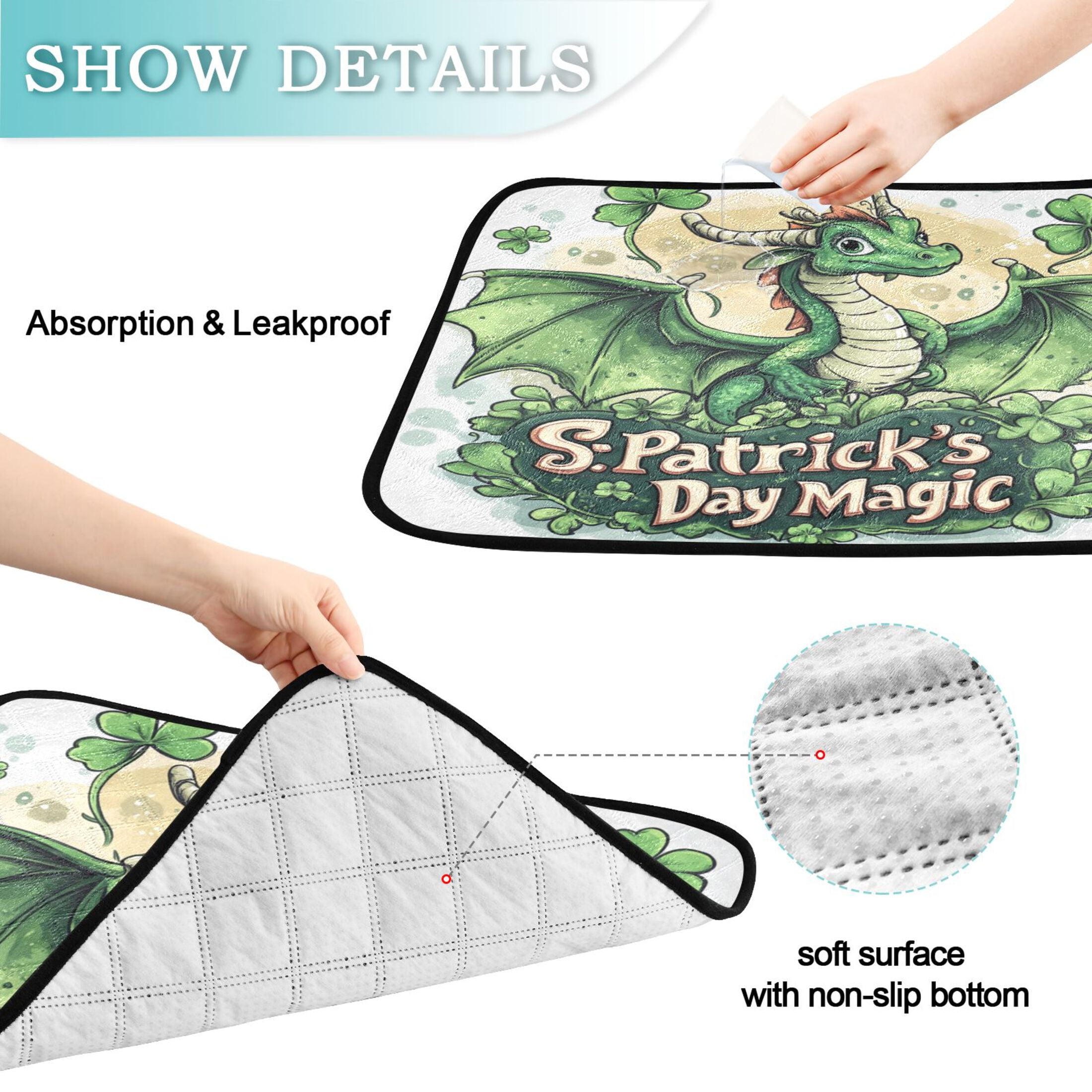 Qxltty Stpatricks Day Green Ceratopsian Cat litter Pads Pet Set of 2 Diaper Mats Center Anti-leakage Layer Absorbent Soft and Comfortable