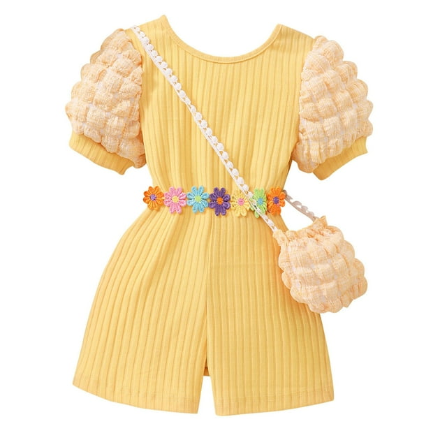 Baby Onesies New Casual 2 Piece Set Ribbed Rss Back Romper With Buble Sleeves Bag Baby Girl Romper Yellow 4 Years-5 Years