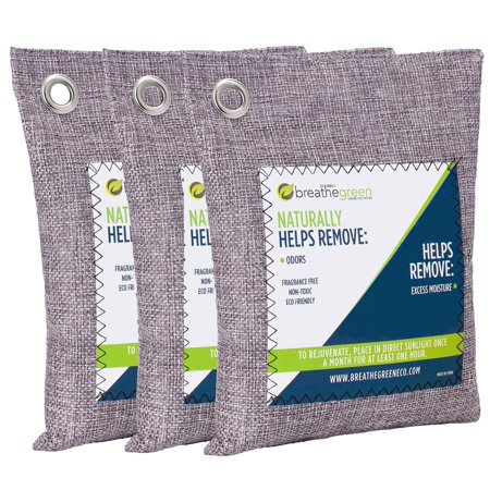 Breathe Green Bamboo Charcoal Odor Eliminator Bag (3-Pack), Activated Charcoal Odor Absorber, Natural