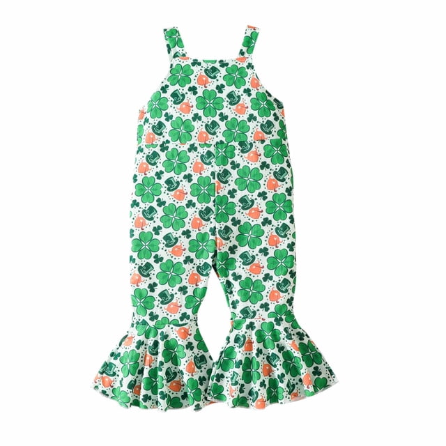 Ropa Para Niñas Pequeñas, Mono Para Niños Pequeños, Mono Con Estampado Del Día De San Patricio, Mono Con Estampado De Dibujos Animados, Mono Con Tirantes, Pantalones Verdes Odeerbi LM103-7242