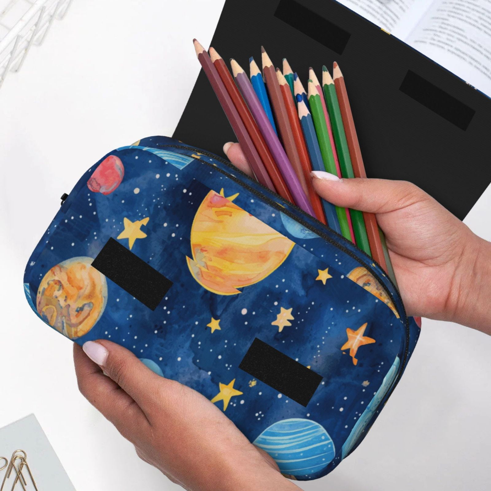 Rateoe Planets And Stars1 Pattern Double Clamshell Pen Case, Storage Organizer with Two Zipper Compartments– Holds Up to 50 Pencils & Pens