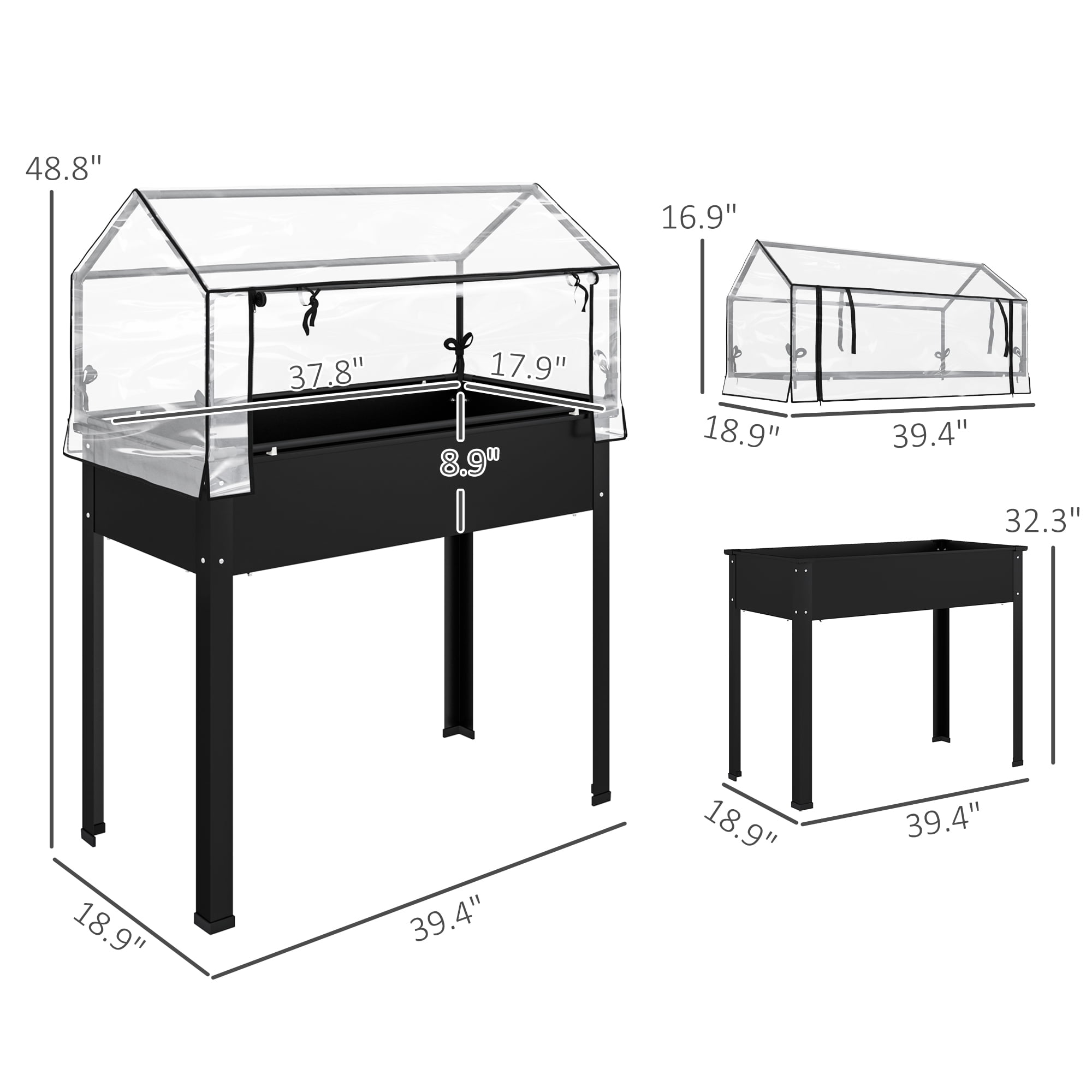 Outsunny Raised Garden Bed with Greenhouse Cover, Elevated Garden Box with Legs and Drainage Hole for Vegetables, Black