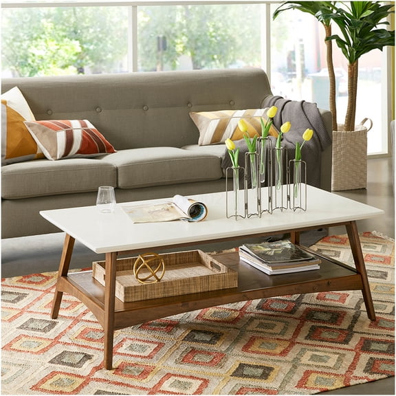 Mid-Century Modern Coffee Table with Storage Shelf, Off-White Top and Pecan Wood Base
