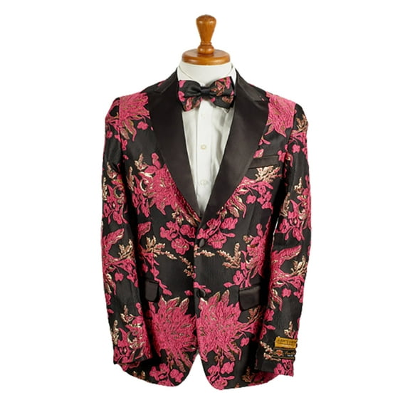 Mens 2 Button Hot Pink Fuschia & Black Floral Paisley Tuxedo Blazer By Alberto Nardoni Brand Designer