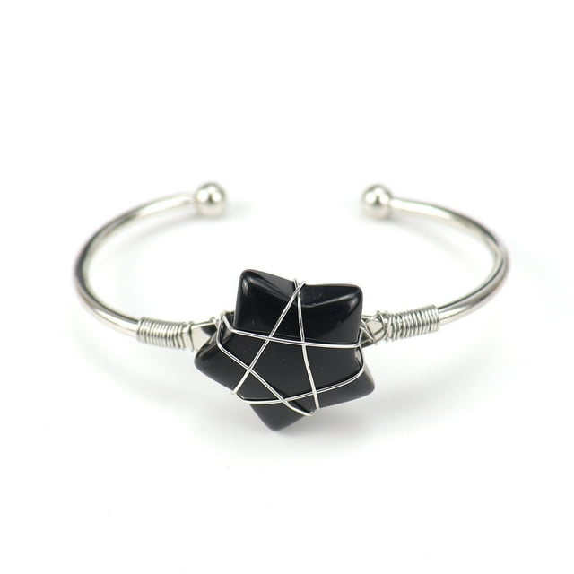 Xiao Hua Pulsera de cuentas hecha a mano, adecuada para hombres y mujeres, pulsera abierta de estrella de cinco puntas de piedra natural enrollada a mano (negro + plata)