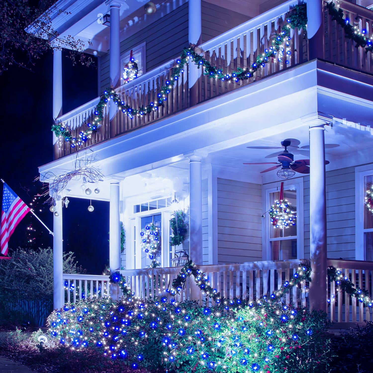 2 Pack Blue and White Solar Christmas Lights, Each 33FT 100 LED Solar String Lights Outdoor Waterproof, 8 Modes Mini Fairy Lights for Outside Yard Patio Christmas Decorations
