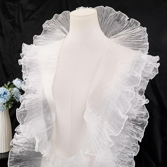 10 Yards x 5 Inch White Pleated Gathered Ruffle Lace Trim Organza Tulle Fabric Lace Border Retro Edge Trimmings Decorative Applique for Sewing Dress Wedding Costume Curtain Cake Decor DIY