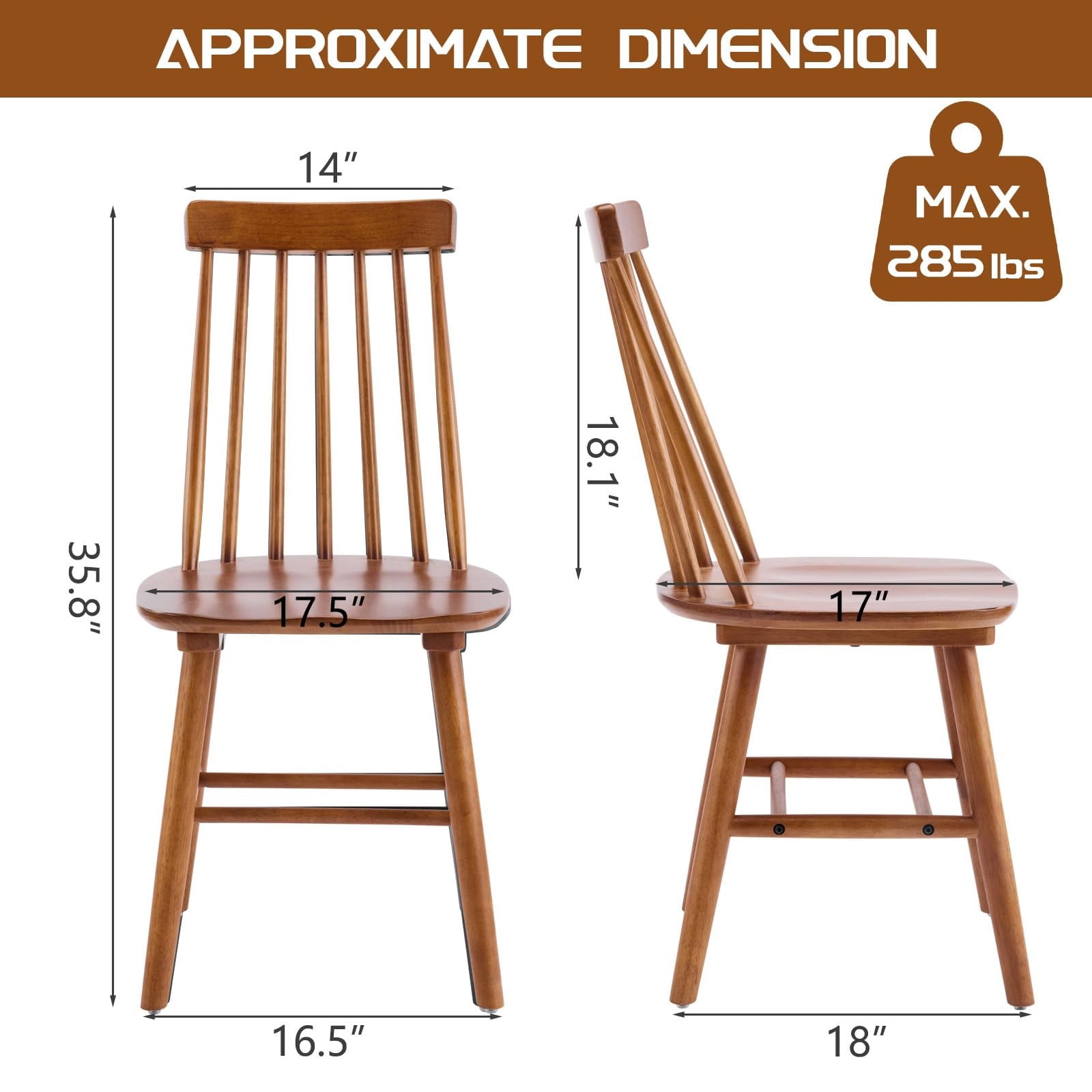 Walnut Farmhouse Dining Chairs Set of 8, Mid Century Modern Spindle Back Wooden Dining Room Chairs for Kitchen & Living Room