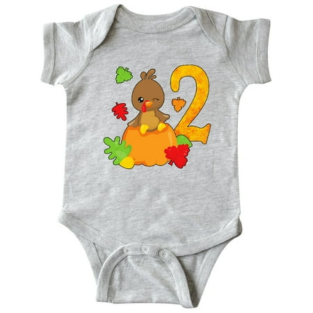 

Inktastic Second birthday turkey on pumpkin Gift Baby Boy or Baby Girl Bodysuit