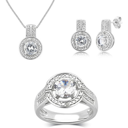 Round White Diamond Accent and Created White Sapphire Round Halo Silver-Tone Ring, Earrings and Pendant Set, 18
