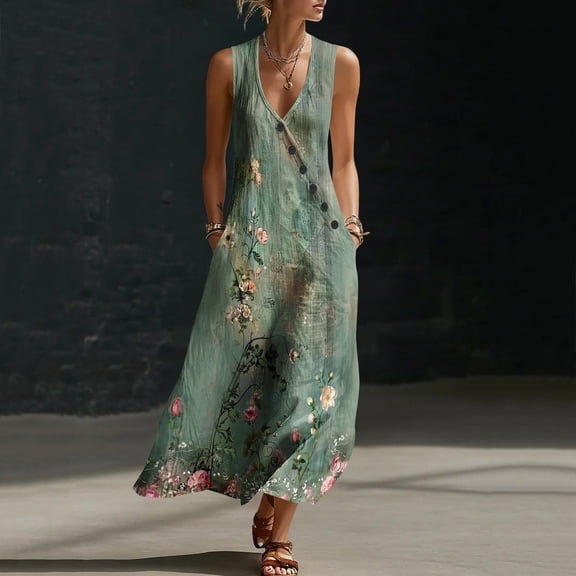 Zedker Dresses for Women Summer 2026 Spaghetti Strap Scoop Neck Floral Maxi Dress Flowy Boho Long Sundress with Pockets Multicolor L