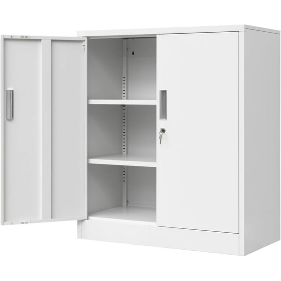 Metal Storage Cabinets with Shelves and Doors, Steel Locking Cabinet for Home Office, Garage, Utility Room and Basement, 36.2" H x 31.5" W x 15.7" D (White)