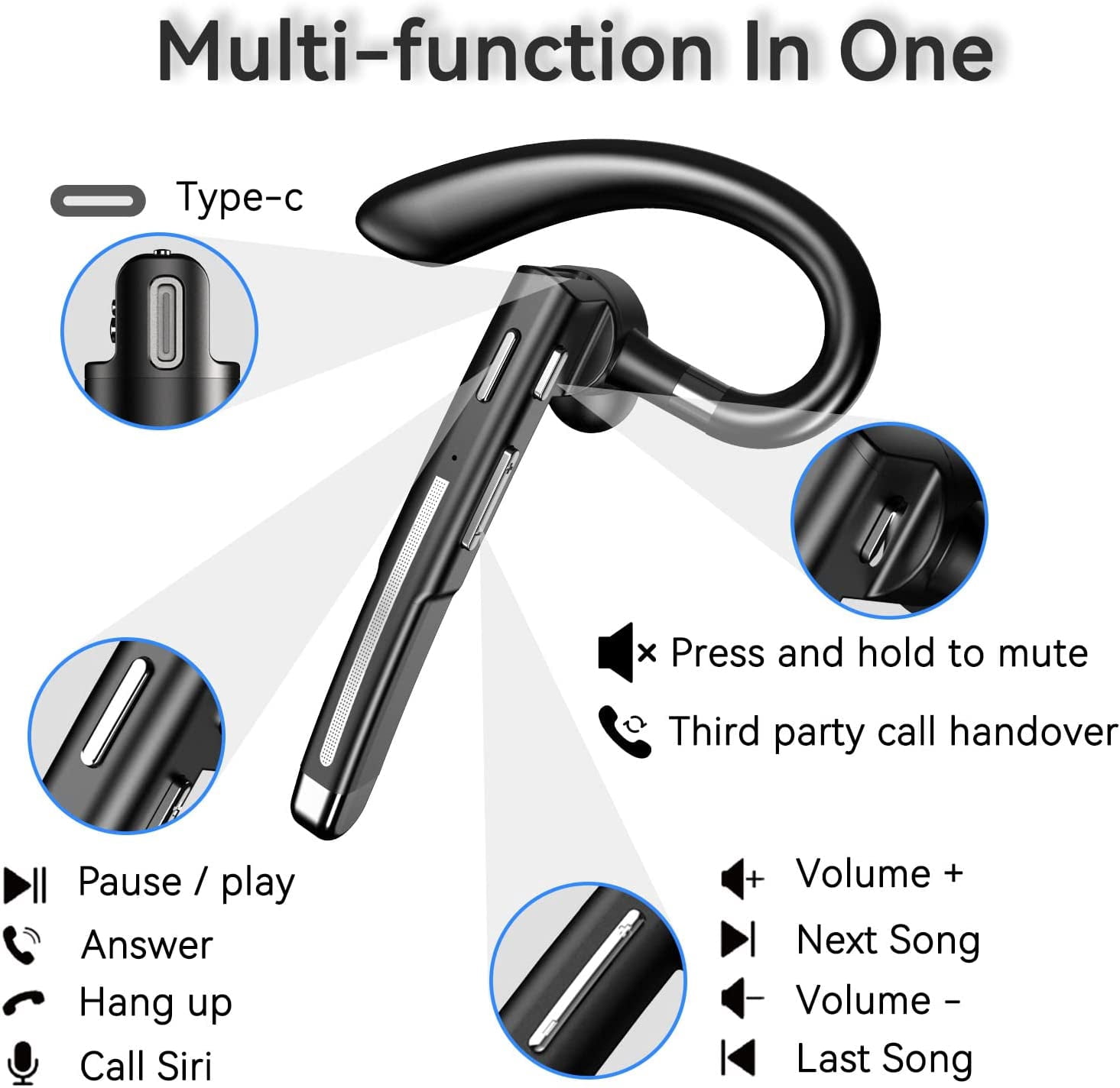 Elleryy Bluetooth V5.1 Headset Wireless Headphone with Noise Canceling Microphone, Black