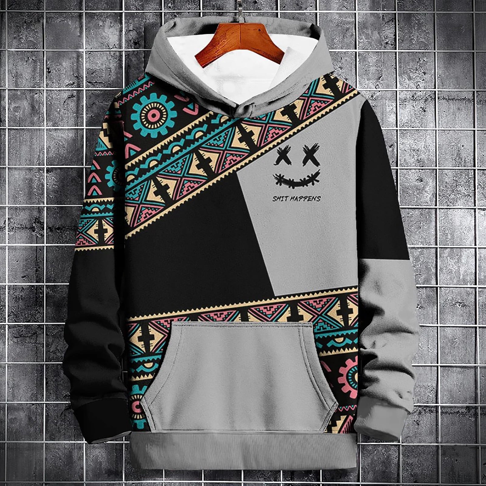 Hpapadks Hoodies for Men Vintage Patchwork Hoodies Pullover with Front Pocket Long Sleeve Drawstring Hooded Men's Sweatshirts
