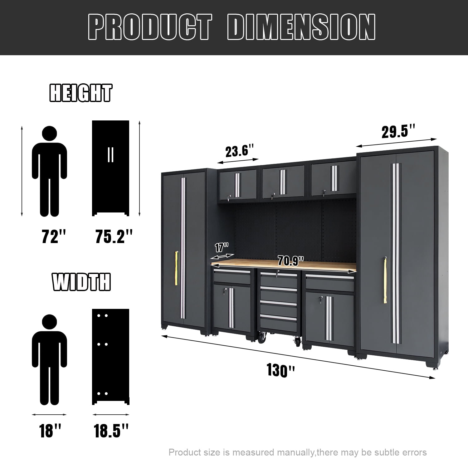 HPDMC 9-Piece Garage Shop Tool Storage Cabinet Set with Pegboard and Wooden Work Top 24 Gauge Steel Tool Chests & Garage Mounted Storage Systems - Black+Gray