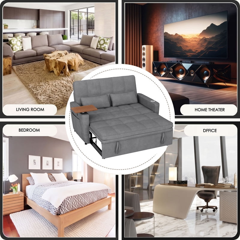 Anpport 3‑in‑1 Convertible Sleeper Sofa Bed, Pull‑Out Sofa with Side Desk, USB Ports, Cup Holders, Storage Armrests & Adjustable Backrest for Living Room Apartment, Dark Gray
