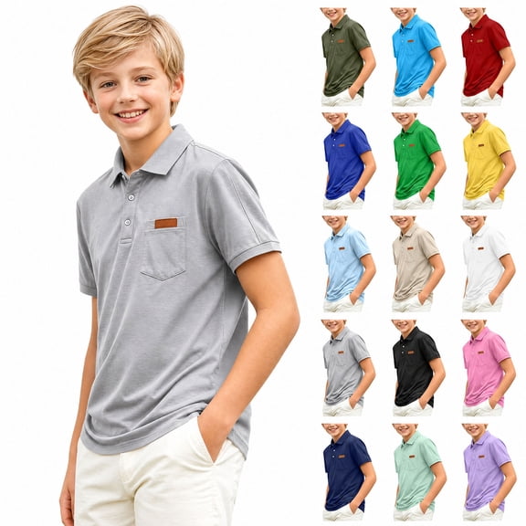 HAOTAGS Boys Short-Sleeve Uniform Shirt (2-15) Classic Turn-Down Collar Breathable Polo Shirts for Back-to-School Gray Size 7