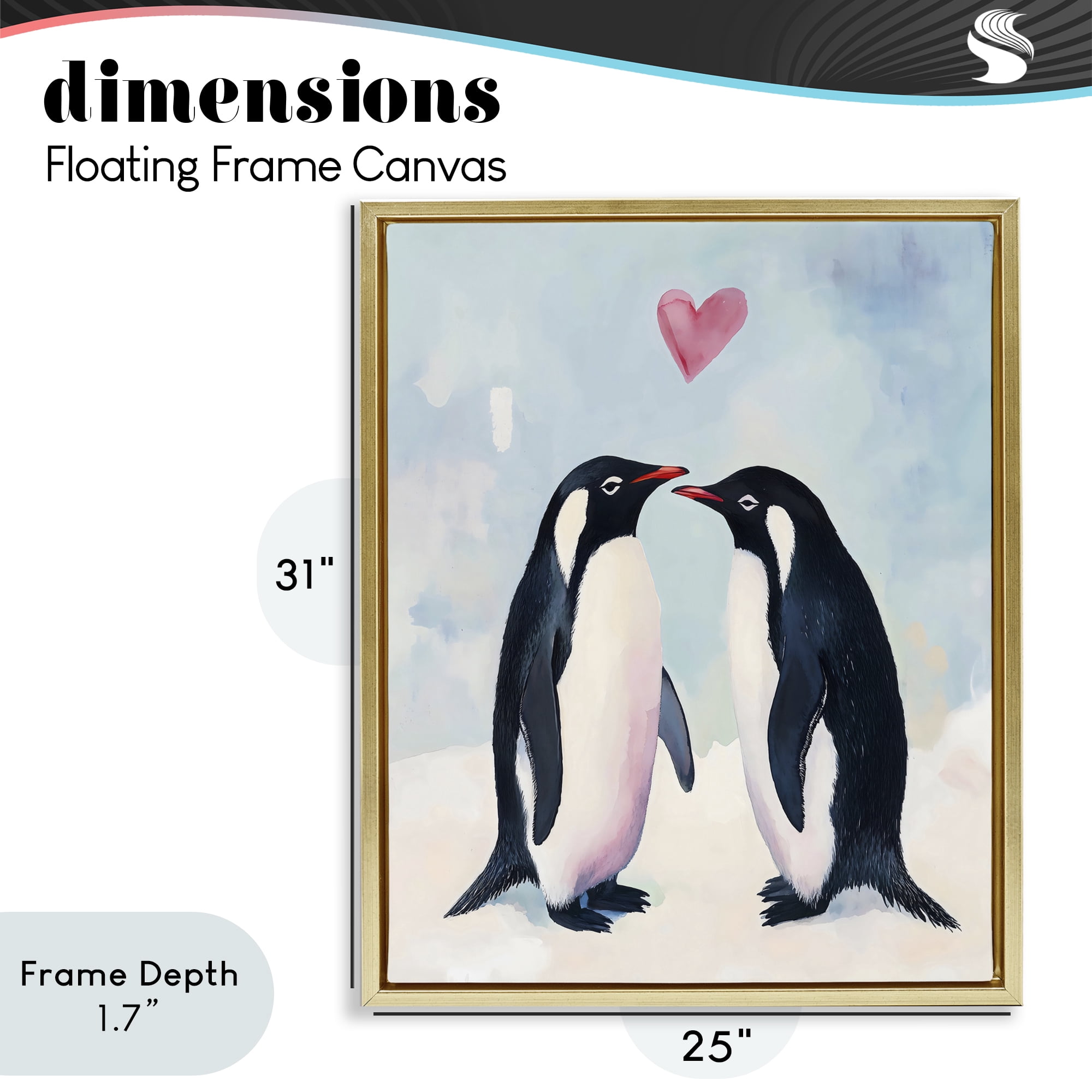 Stupell Industries Penguin Love with Heart Gold Framed Floater Canvas Wall Art, design by The Prints Vibe
