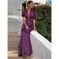 thumbnail image 2 of Vestido largo con estampado para mujer, traje holgado con manga abullonada y cuello en V profundo, con bolsillo drapeado, a la moda, novedad de verano 2024, 2 of 5