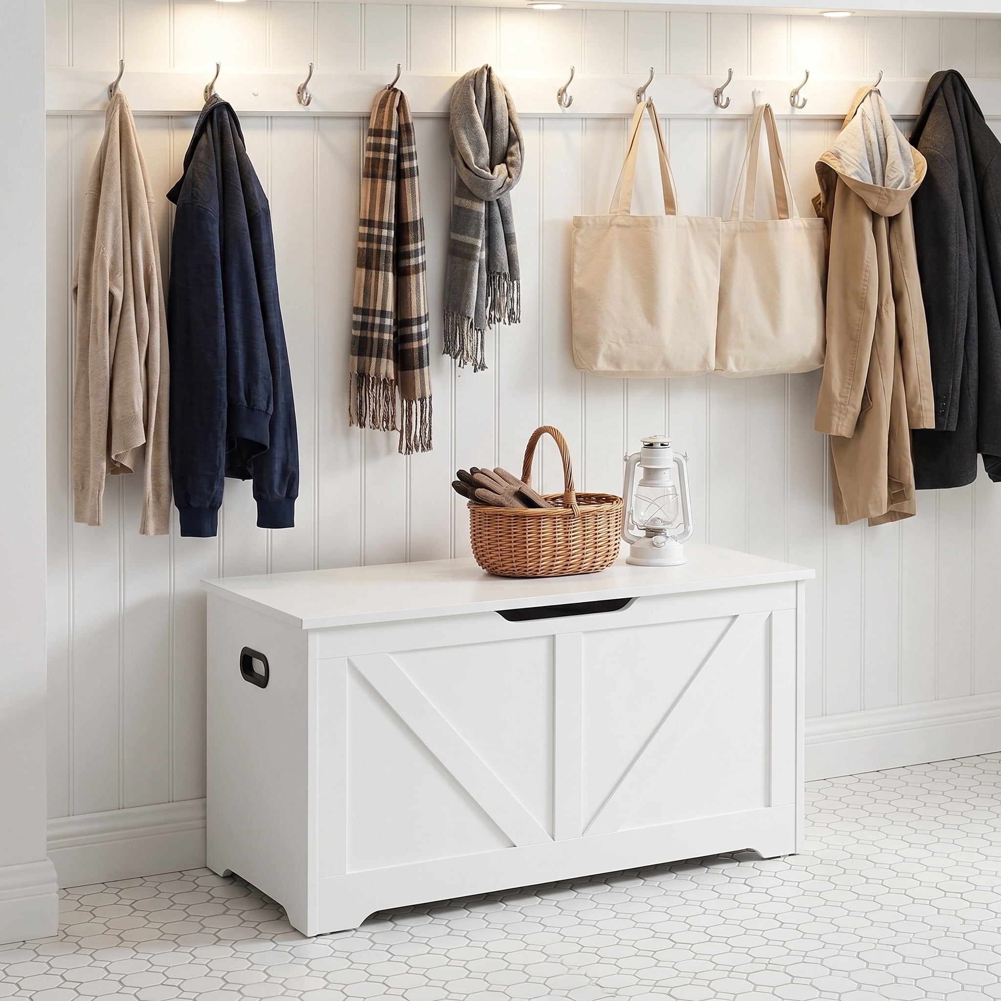 Nordic Hygge White Farmhouse Storage Chest with 2 Safety Hinges