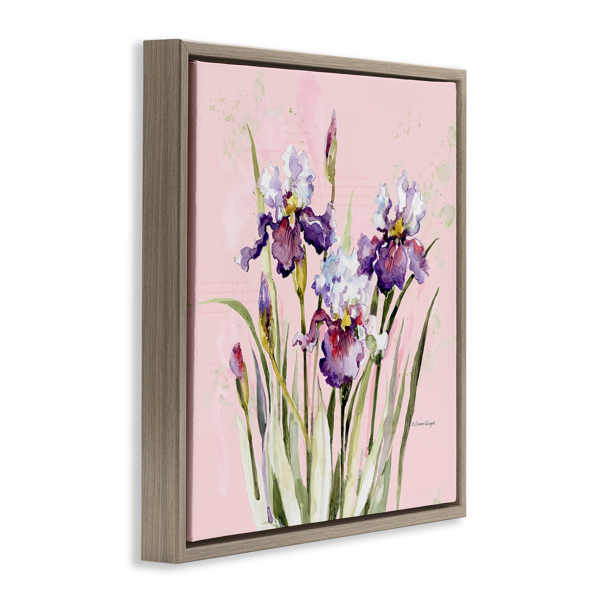 Stupell Industries Purple Irises on Pink Brown Framed Floater Canvas Wall Art, design by Susan Winget