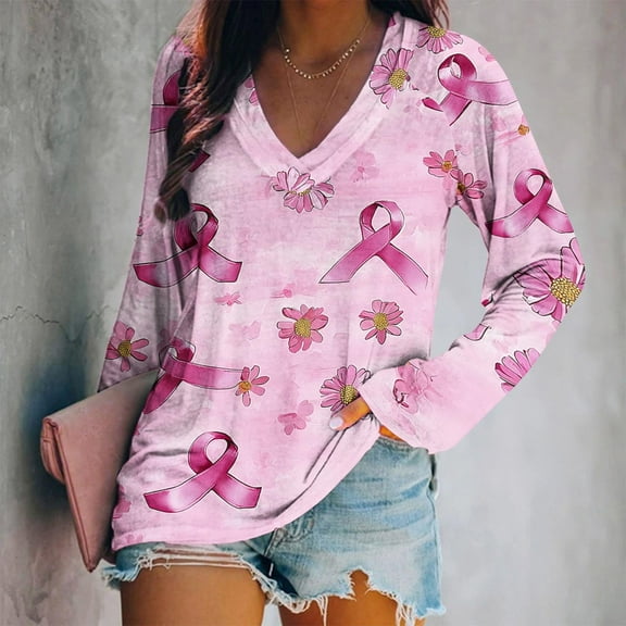 Nfurl Women's Breast Cancer T Shirts Cute Pink Ribbon Graphic Tees Casual Long Sleeve V Neck Tshirts Gifts for Breast Cancer Survivors Pink M