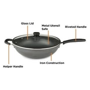 Supor Carbon Steel Wok with Glass Lid, 13.5 in, Traditional Deep-Bowl Iron Wok, Metal Utensil Safe