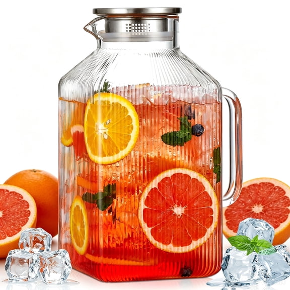 1 Gallon Square Glass Pitcher with Lid, 3.8L Heat & Cold Resistant Glass Water Carafe with Handle for Hot/Cold Water, Thickened Borosilicate Glass Carafe for Cold and Hot Beverage