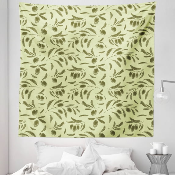 Botanical Tapestry, Retro Engraved Style Olive Branches and Leaves Repetitive Pattern, Fabric Wall Hanging Decor for Bedroom Living Room Dorm, 5 Sizes, Pastel Green Army Green, by Ambesonne