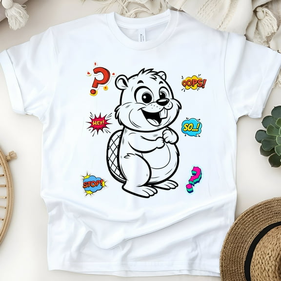 Cartoon Beaver Graphic T-Shirt Kids Comic Style Tee, White, Size S