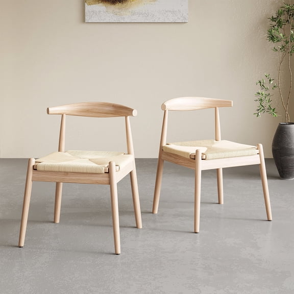 Set of 2 Weave Dining Chairs, Mid-Century Modern Kitchen Chair with Solid Oak Frame & Handwoven Seat for Living Dining Room