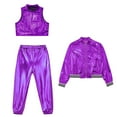 thumbnail image 3 of TiaoBug Kids Girls Metallic Hip Hop Dance Outfits Shiny Crop Top with Bomber Jacket and Pants Set Purple 6, 3 of 5