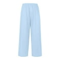 thumbnail image 4 of Women's Summer High Waisted Drawstring Linen Wide Leg Beach Pants With Pockets Comfortable Polyester (2-Light Blue, S), 4 of 5
