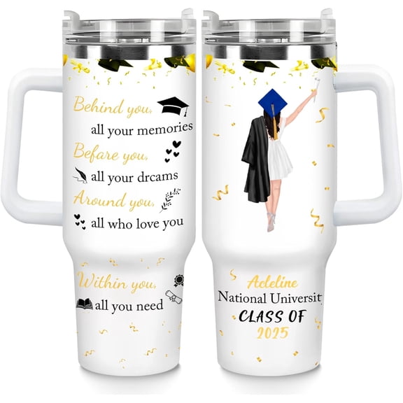 Personalized Graduation Gifts For Her, Custom 40 Oz Travel Coffee Tumbler With Name Handle And Straw, Customized Class Of 2025 Masters Degree PHD High School College Graduation Gifts For Women