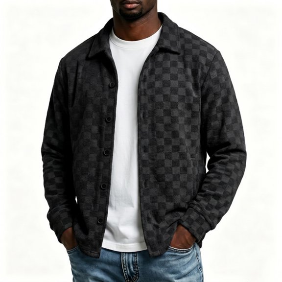 Vxararl Checkerboard Jacket for Men Vintage Button‑Down Casual Checkerboard Shirt Shacket, Check Overshirt with Side Pockets for Fall Daily Casual Outerwear Black 3xL