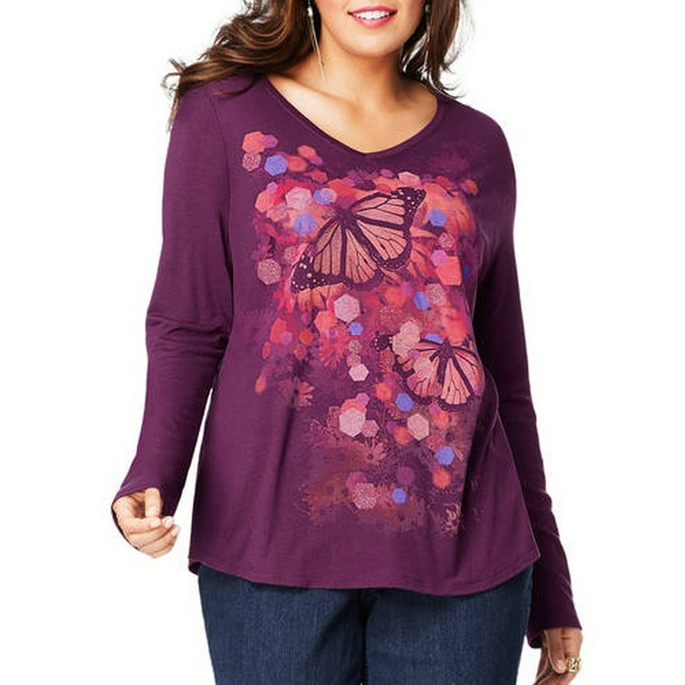 Just My Size Womens Plus Size Long Sleeve Printed V Neck T Shirt