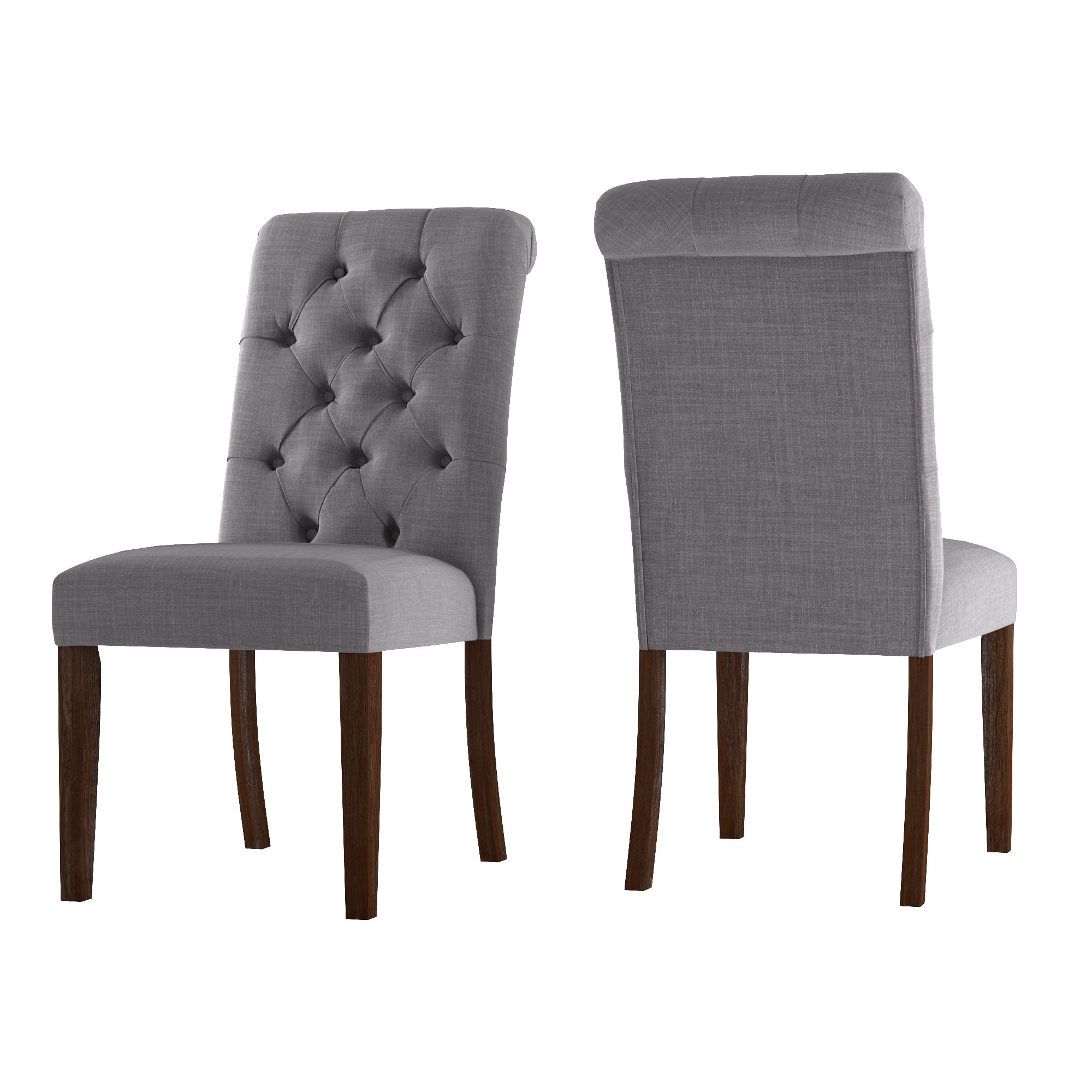 Weston Home Lottie Chic Gray Linen Button Tufted Dining Chair (Set of 2), Brown wood finish