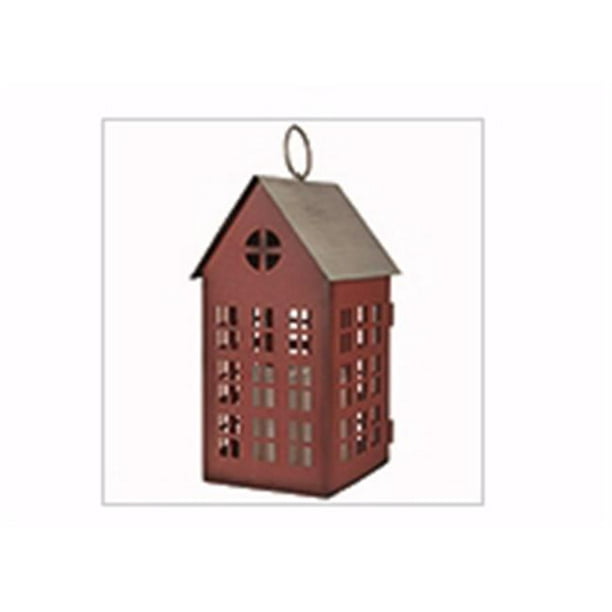 Carson Home Accents 181909 Maison de Lanterne - Rouge et Gris avec Bougie et Minuterie LED - 10,25 x 4,25 x 6 Po.