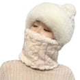 thumbnail image 3 of Women's Winter Hat with Built-in Scarf, Plush Lined Thickened Hood for Riding and E-Bike, Windproof Cold Proof Integrated Neck Warmer, All-in-One Winter Headwear for Women White1, 3 of 3