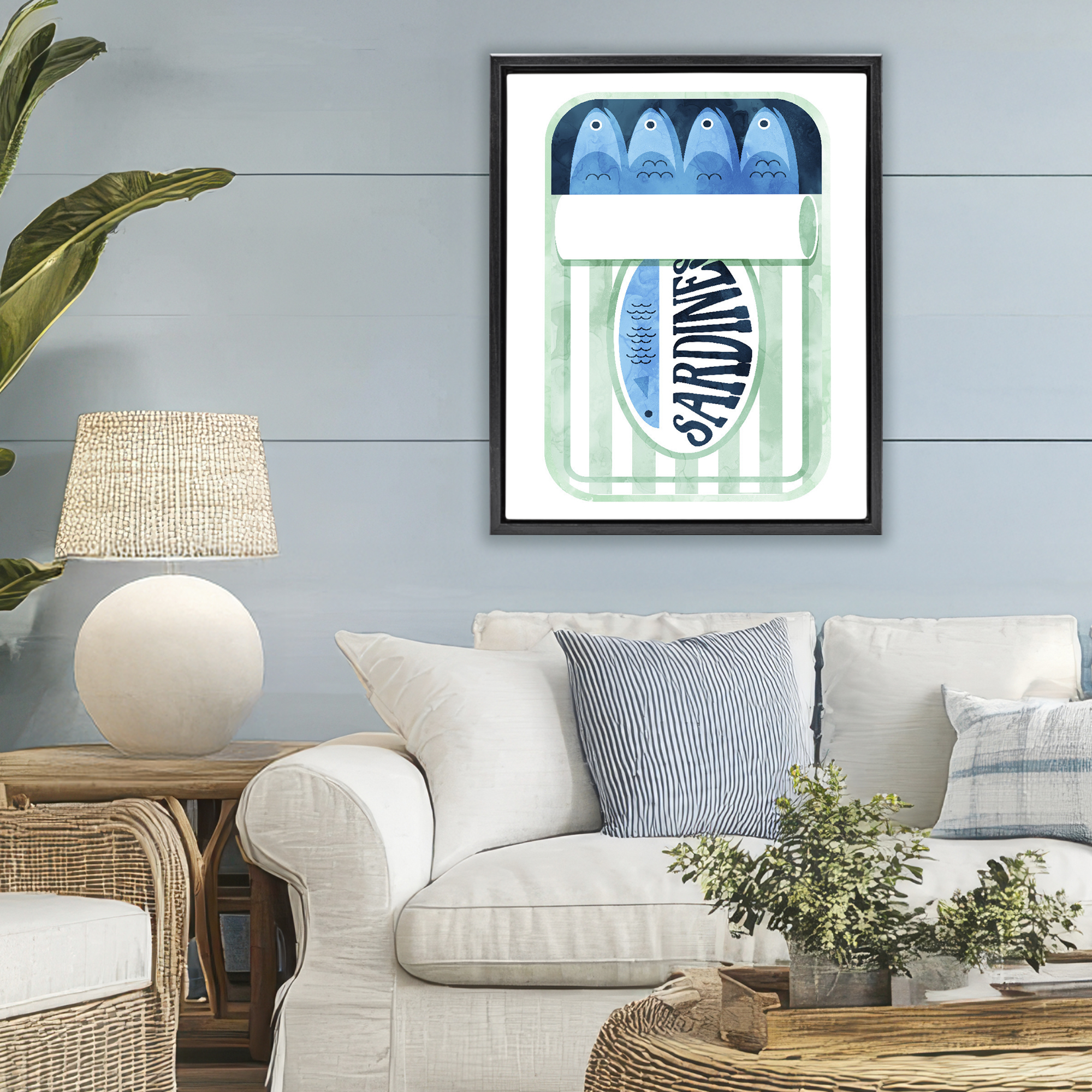 Green Stripe Sardine Tin Black Framed Floater Canvas Wall Art, design by Daphne Polselli