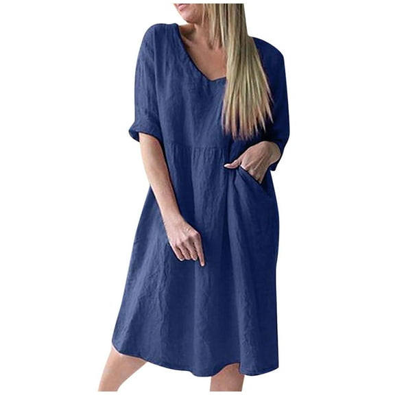 Fengqque Plus Size Women's Summer Dresses Loose Fit Flowing Pleats Bohemian Elegant Girls Doll Dresses Sunny Beach Party Casual Dress Pure Color Three-QuarterSleeve V-Neck Knee-Length Dress