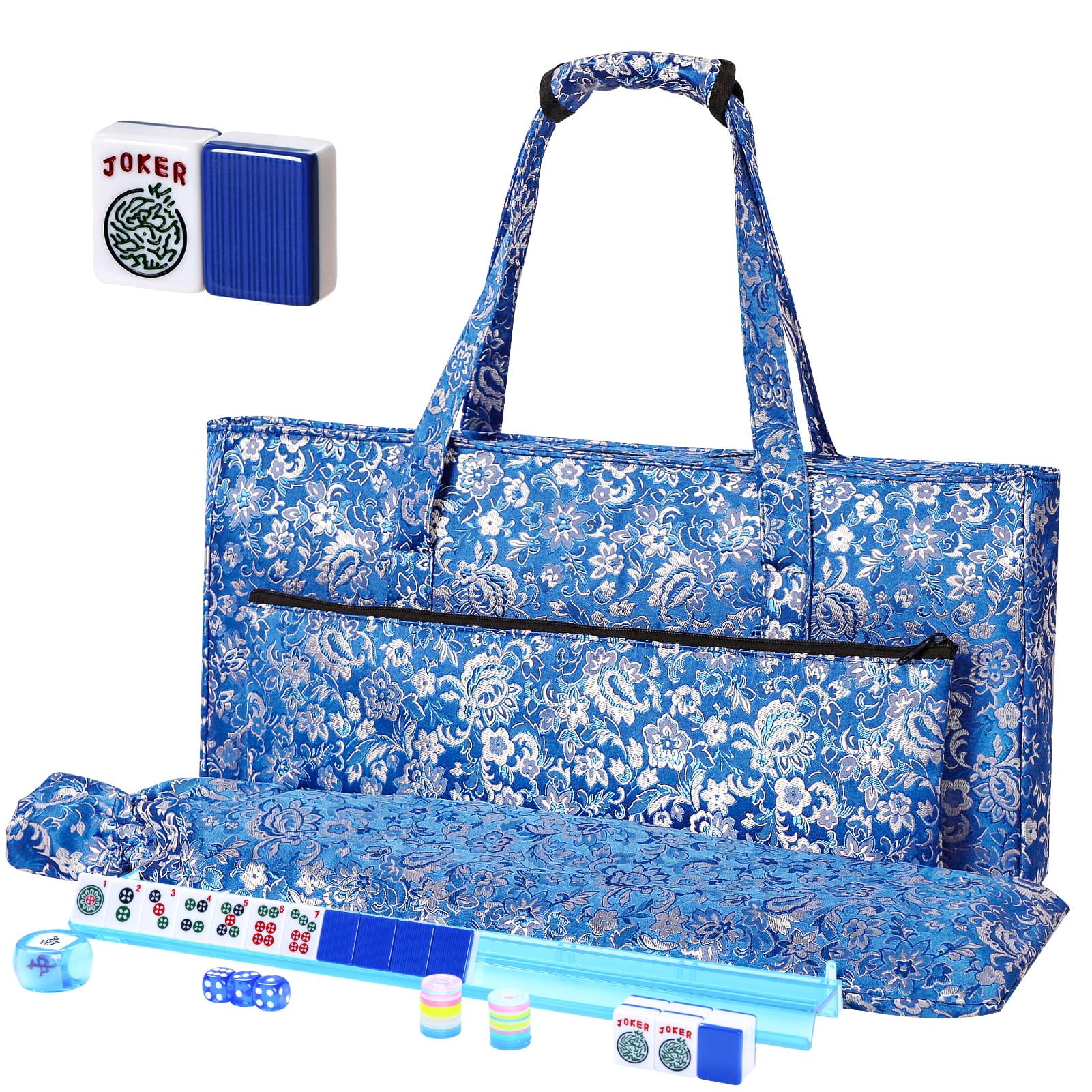 Mah‑Jongg Complete Game Set 166 Standard Tiles 4 All‑in‑One Racks & Pushers Dice Colorful Chips Wind Indicator and Instruction Booklet Zippered Carry Bag for Home and Travel Game Nights