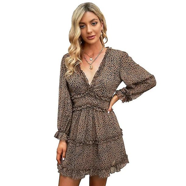 Mini vestido de gasa con estampado bohemio Floral estilo playero para mujer, escote en V profundo, dobladillo con volantes, manga larga, Espalda descubierta, vestidos irregulares de verano