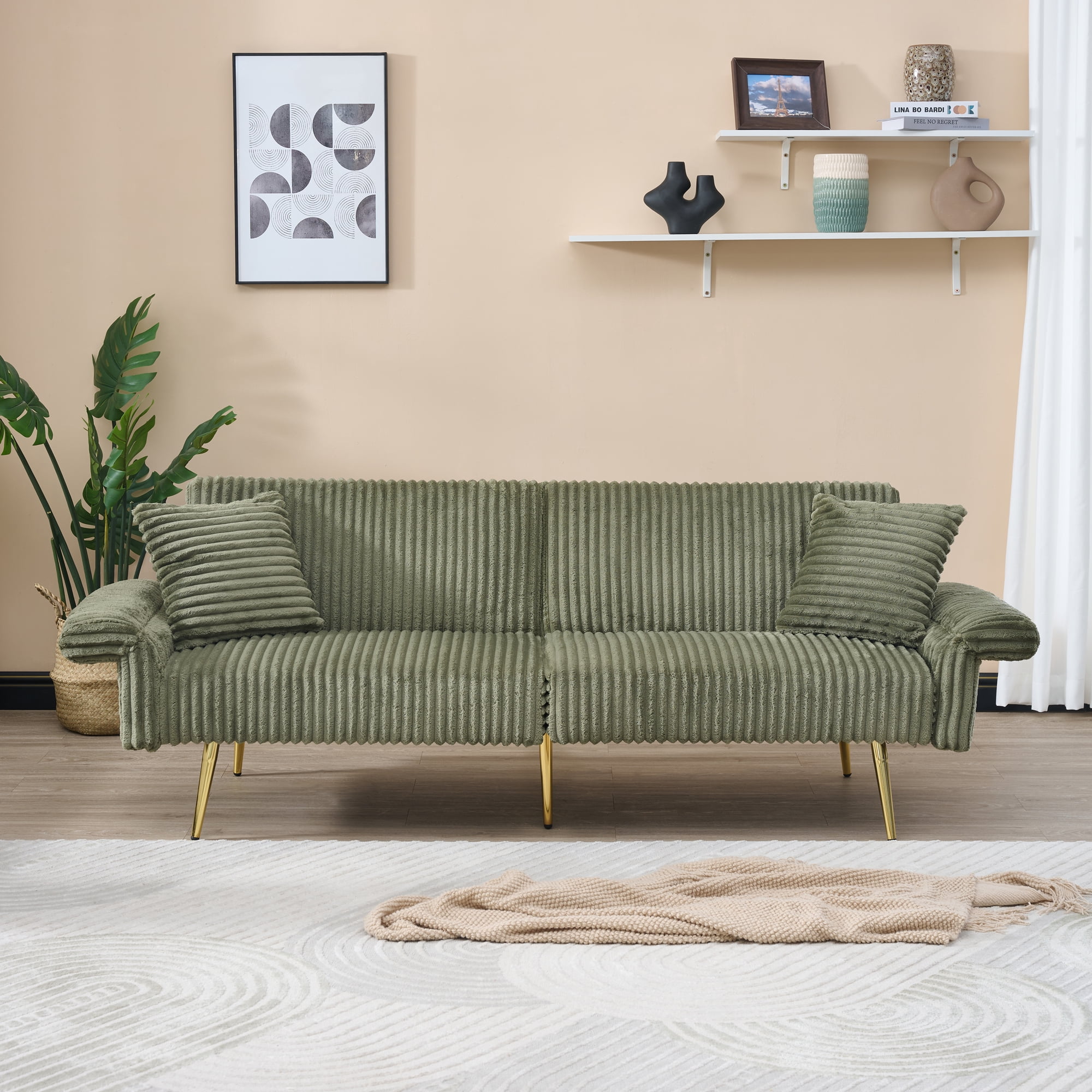 BSHTI 79 inch Corduroy Sofa Bed, Foldable Double Sofa Couch with Folding Armrests, Modern Sofa Couch Suitable for living rooms and small spaces