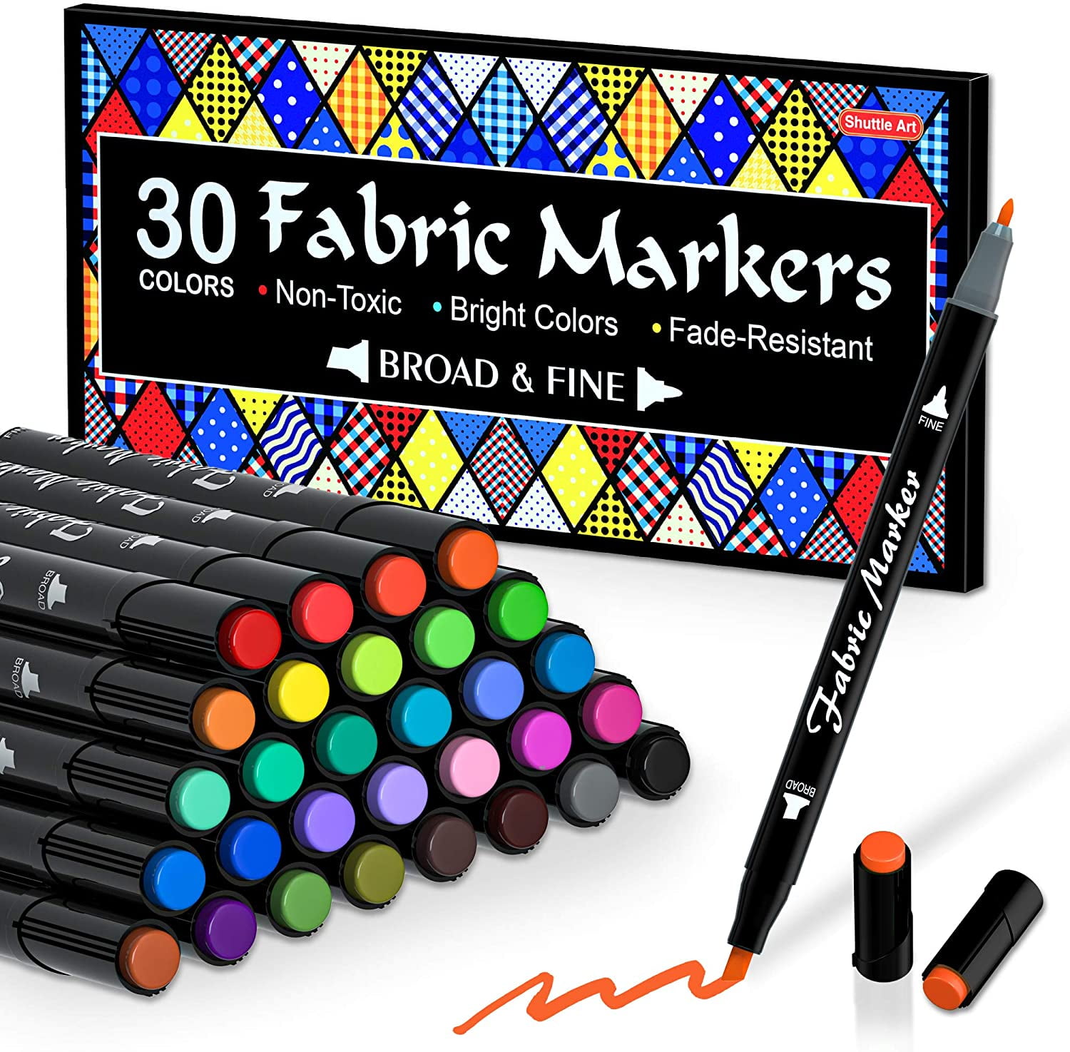 Fabric Markers Pen 30 Colors Permanent Paint Art Marker Set for Writing Painting on T-Shirts Clothes Sneakers Canvas Shoes Child Safe & Non-Toxic 