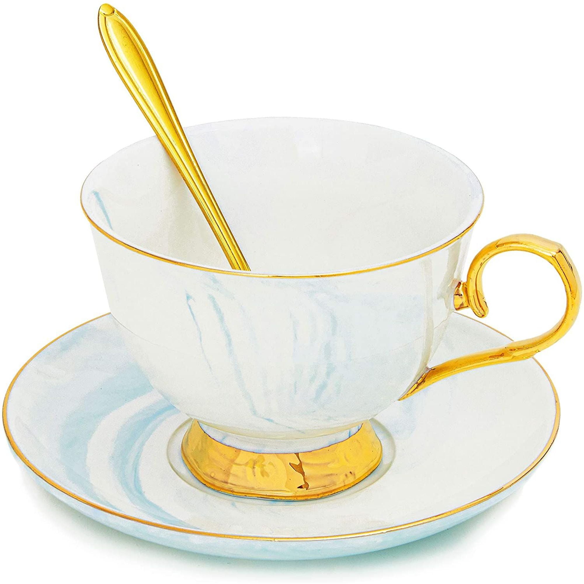 3Piece Blue Marble Ceramic Tea Cup Gift Set with Gold Spoon and Saucer