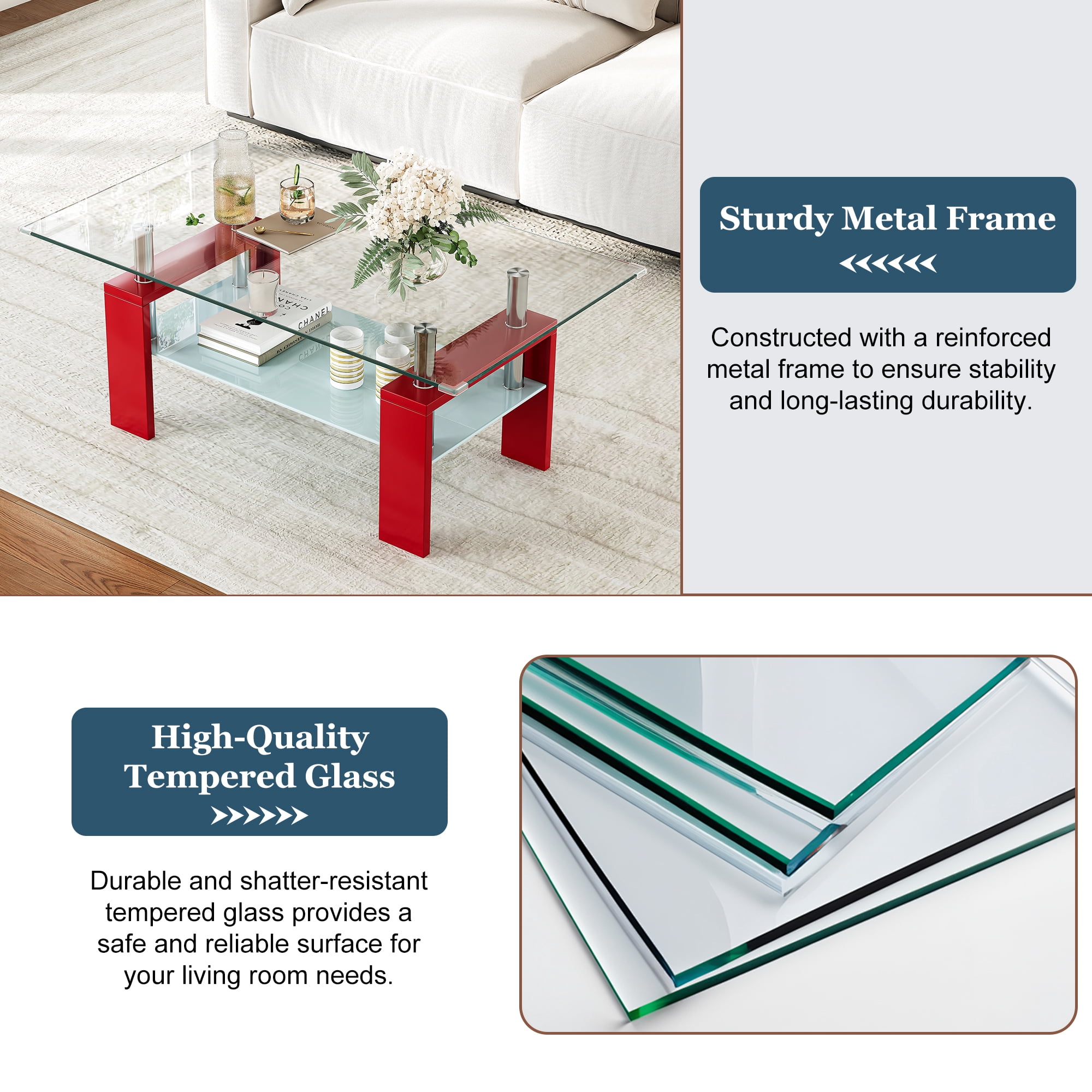 Rectangle Glass Coffee Table, 37.2"  2-Tier Modern Tea Table with Storage Shelf for Living Room