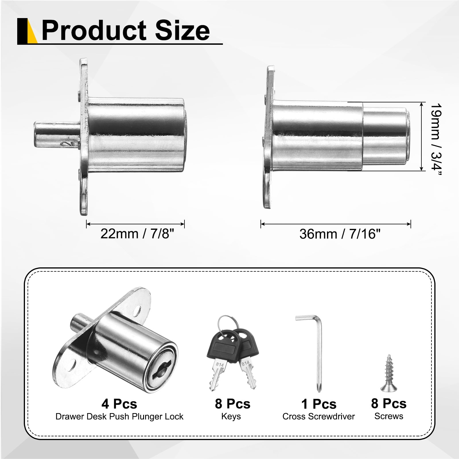 Uxcell Drawer Desk Push Plunger Lock, 4Pcs 7/8" Cylinder Diameter 1-7/16" Cylinder Length Zinc Alloy Sliding Cabinet Locks with Cross Screwdriver Keyed for Wardrobe Drawers, Silver