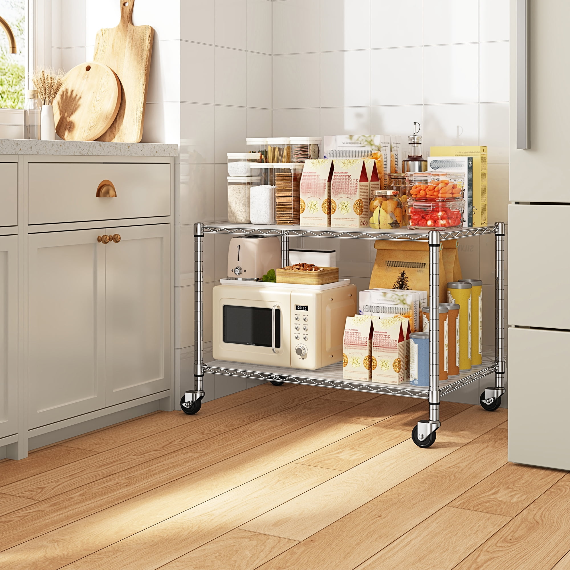 REIBII 2 Tier Wire Shelving Unit with Wheels,Heavy Duty Kitchen Appliance Shelf,36"W x 18"D Metal Storage Shelves for Pantry Garage Laundry,300 lbs Per Shelf,Chrome