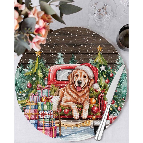 13 Inch Round Placemats Set of 6, Christmas Non Slip Heat Insulation PP Table Mats, Winter Farmhouse Xmas Tree Dogs Red Truck Washable Place Mats for Kitchen Dining Party Table Decor